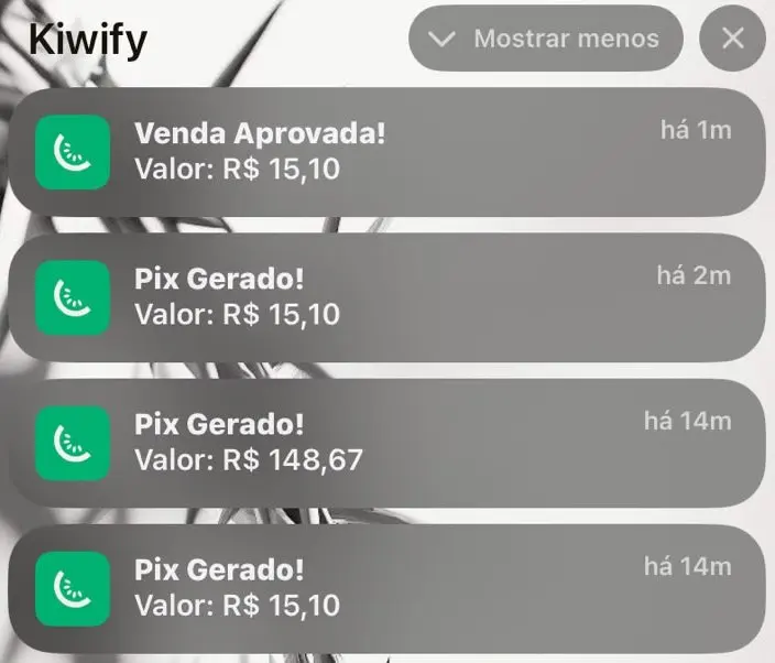 Notificações da Kiwify: venda aprovada e pix gerado