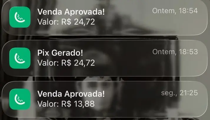 Notificações da Kiwify com vendas aprovadas
